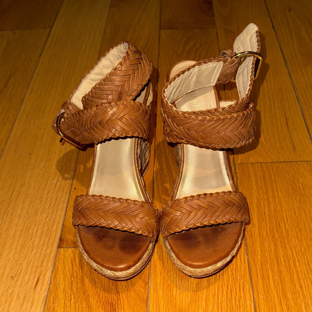 Stuart Weitzman Brown Braided Espadrille Wedge Sandals